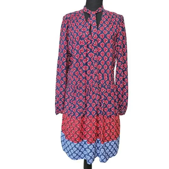 ⭐️Gap Navy Blue/Red Shamrock Clover Tied Neck Long Sleeve Dress Sz 12 - Picture 2 of 10